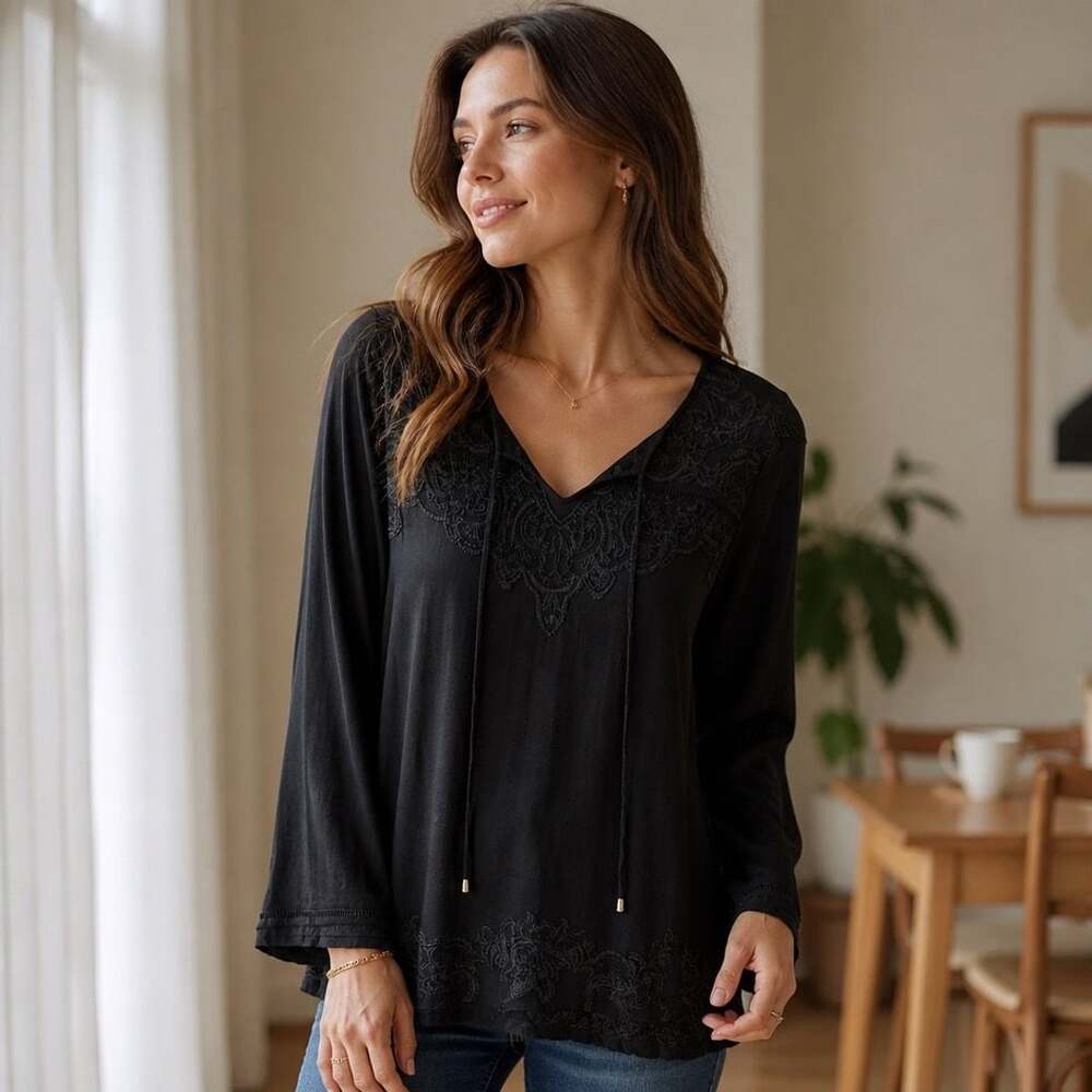 Rafaella Black Embroidered V-Neck Long Sleeve Blouse Top XXL